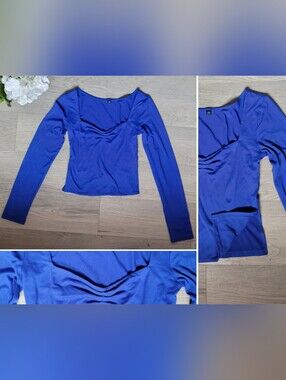 Amazon Princess Neckline Royal Cobalt Blue Long Sleeve Crop Top & Side Split, XS